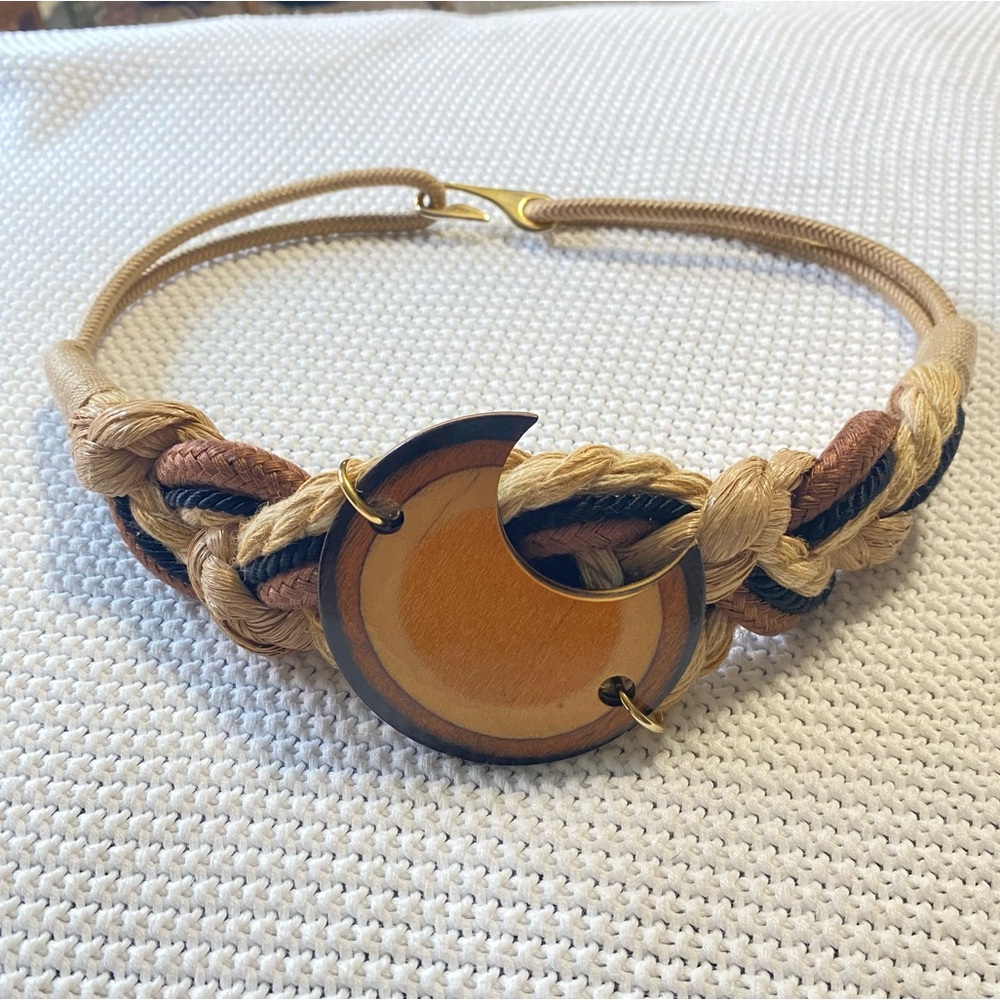 Vintage 80s Braided Rope Belt with Artistic Wooden and Gold Accents
